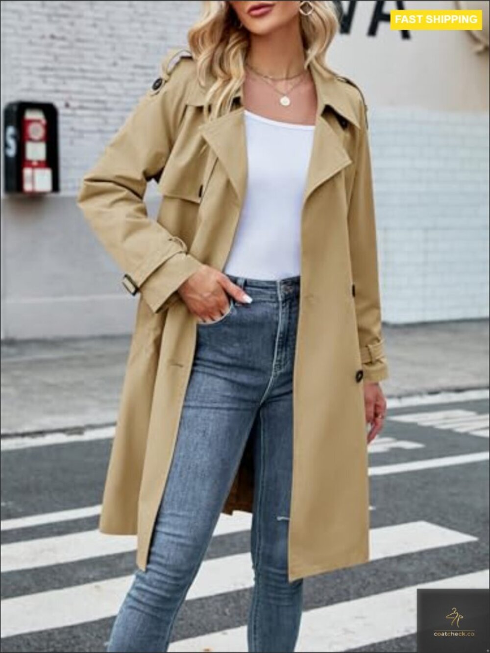 Double Breasted Trench Coat Classic Lapel Slim Fit Windproof Overcoat with Belt - Picture 4 of 7